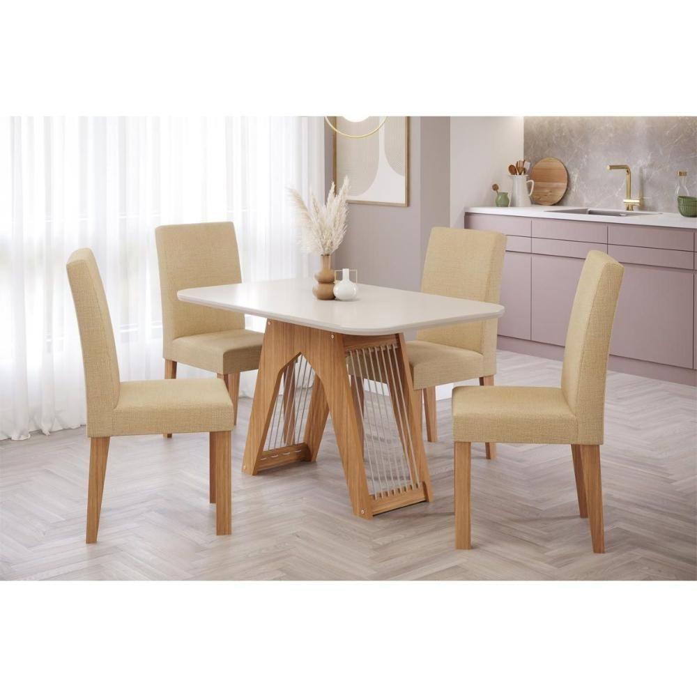 Sala de Jantar Completa Carol c/ Tampo Madeirado c/ Vidro 130cm + 4 Cadeiras Maia Nature/Off White/Gengibre - Cimol - 1