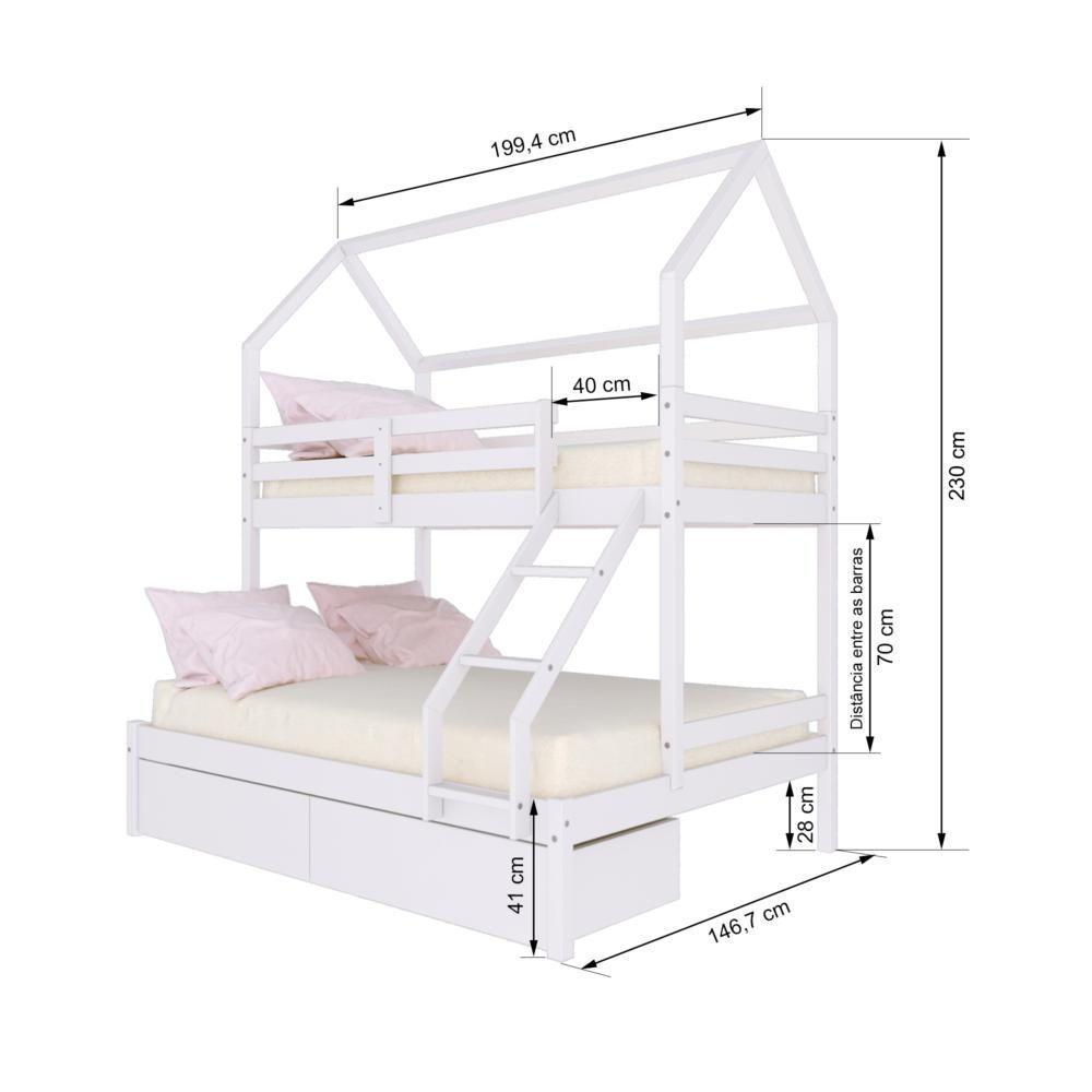 Beliche Casinha Casal/Solteiro Slim Rb Com 02 Gavetas Madeira Maciça Branco Housin - 3
