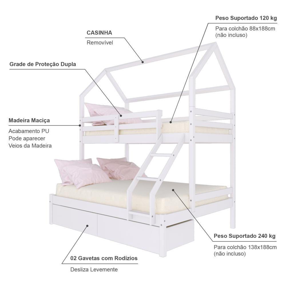 Beliche Casinha Casal/Solteiro Slim Rb Com 02 Gavetas Madeira Maciça Branco Housin - 5