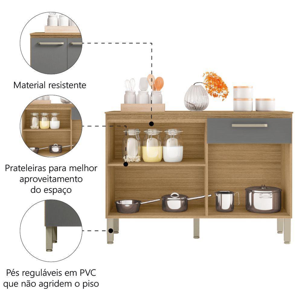 Balcão De Cozinha 3 Portas E 1 Gavetas Com Tampo 1,20m Versalhes Kit\'s Paraná Freijo Cinza - 3