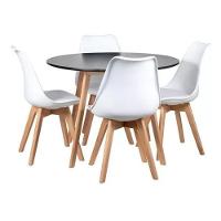 Kit - Mesa Redonda Leda 80 Cm Preto + 4 Cadeiras Estofadas Leda Branco - 1