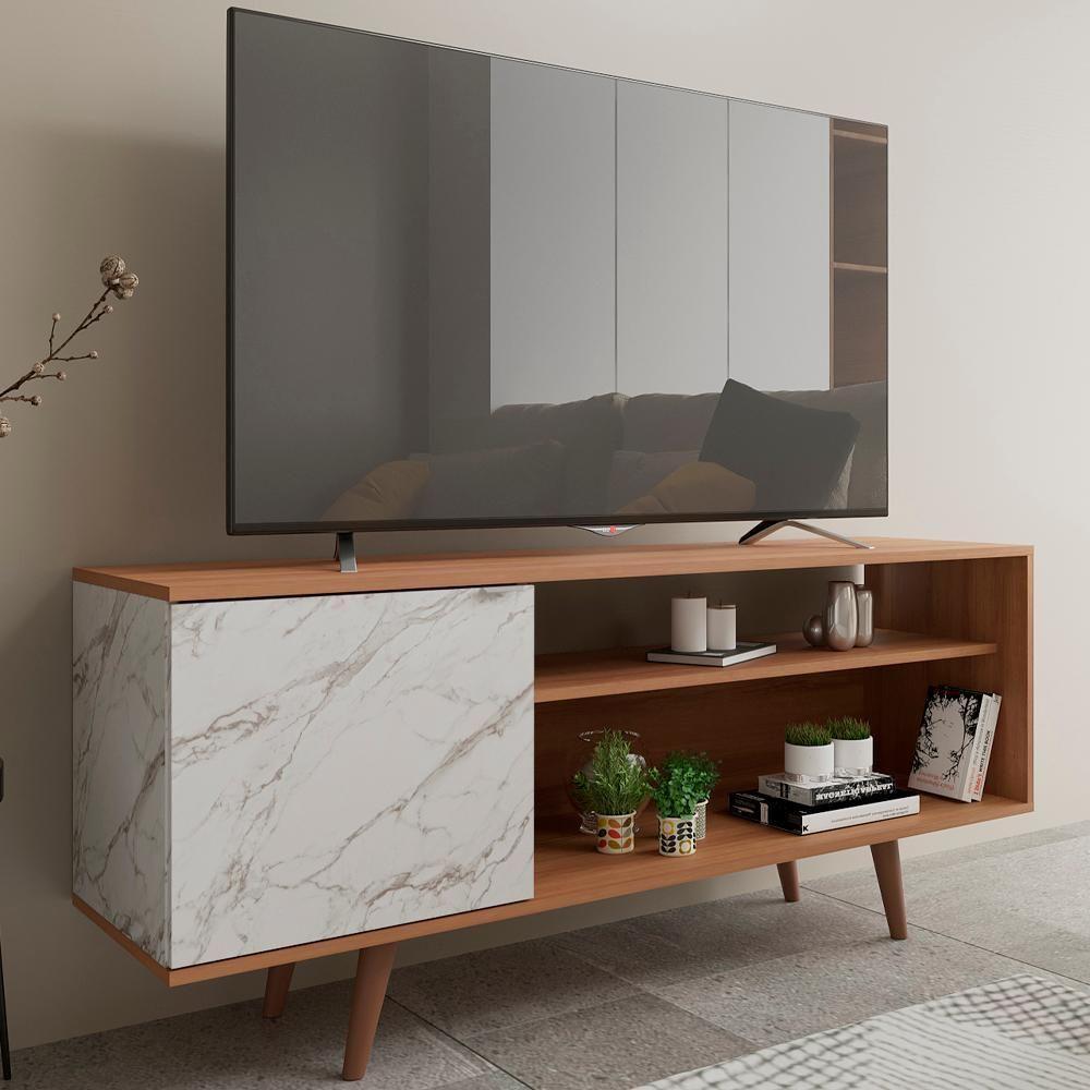 Rack Para Tv 42 Pol 136 Cm 1 Porta R1486 Amendoa Marmore Branco Tecno Mobili Amendoa Marmore Branco - 3