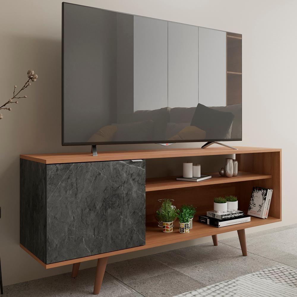Rack Para Tv 42 Pol 136 Cm 1 Porta R1486 Amendoa Marmore Lunar Tecno Mobili Amendoa Marmore Lunar - 6