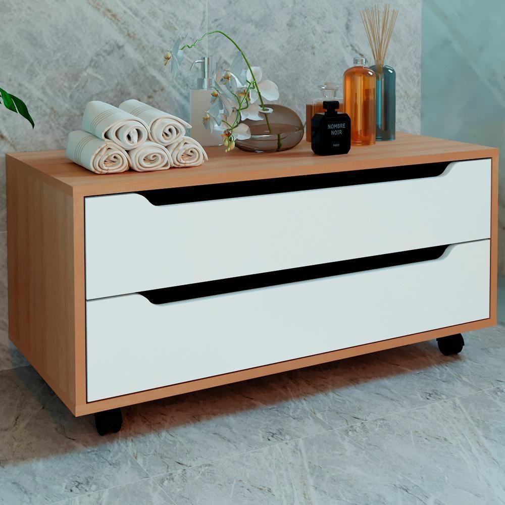 Balcao Gabinete Com 2 Gavetas E 4 Rodizios Bn3643 Amendoa Branco Tecno Mobili Amendoa Branco - 7