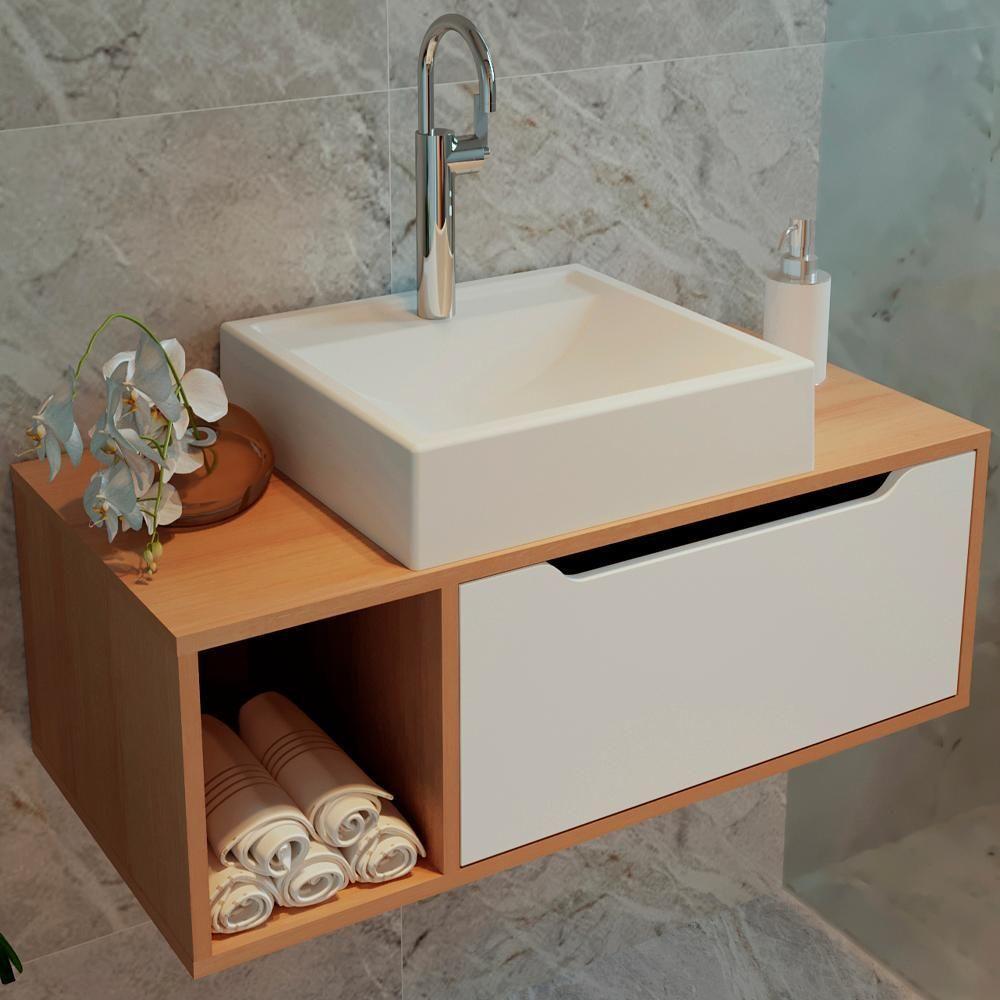 Balcao Gabinete Para Banheiro 1 Porta Bn3644 Amendoa Branco Tecno Mobili Amendoa Branco - 7