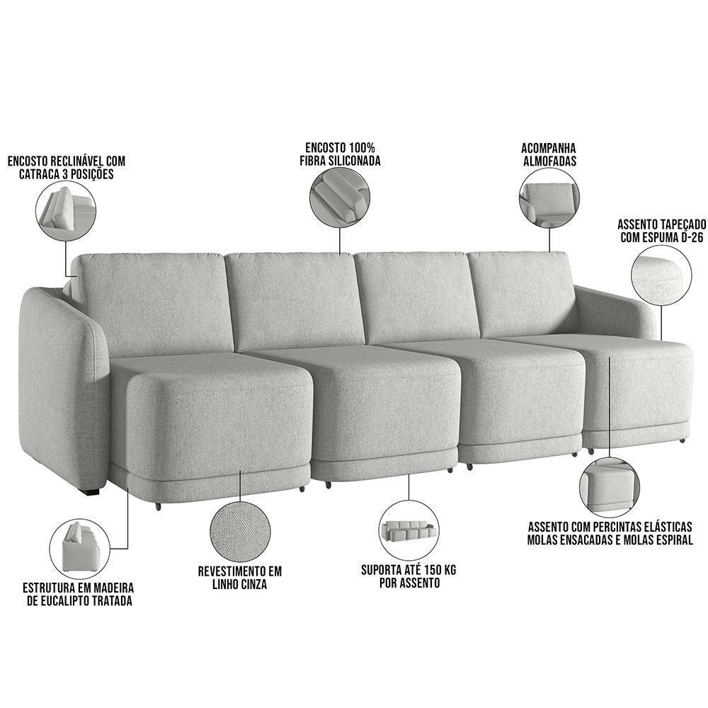 Sofá Cama Para Sala De Estar 4 Lugares 356cm Montserrat K01 Linho Cinza - Lyam Decor - 4