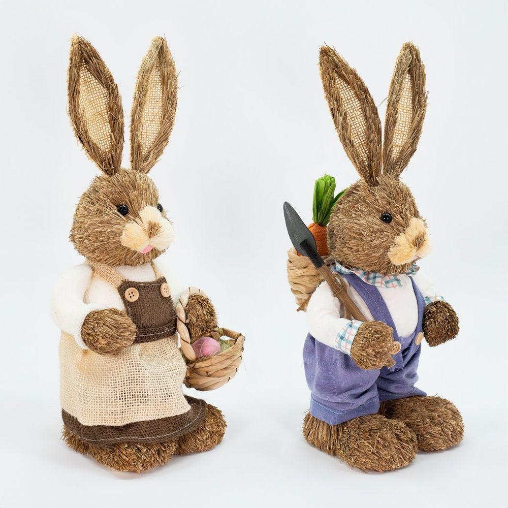 Casal De Coelhos Páscoa Enfeite Palha Coelhinhos Trabalhadores 46cm - 2