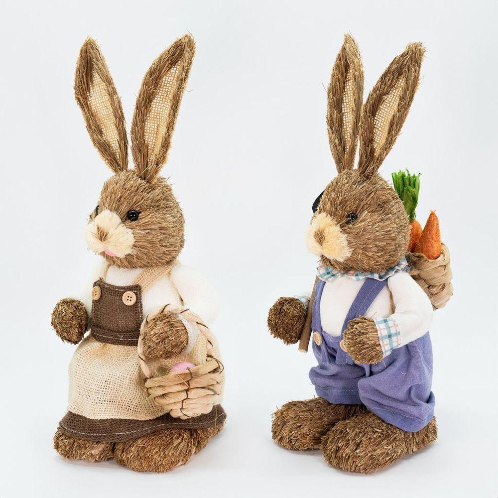 Casal De Coelhos Páscoa Enfeite Palha Coelhinhos Trabalhadores 46cm - 4