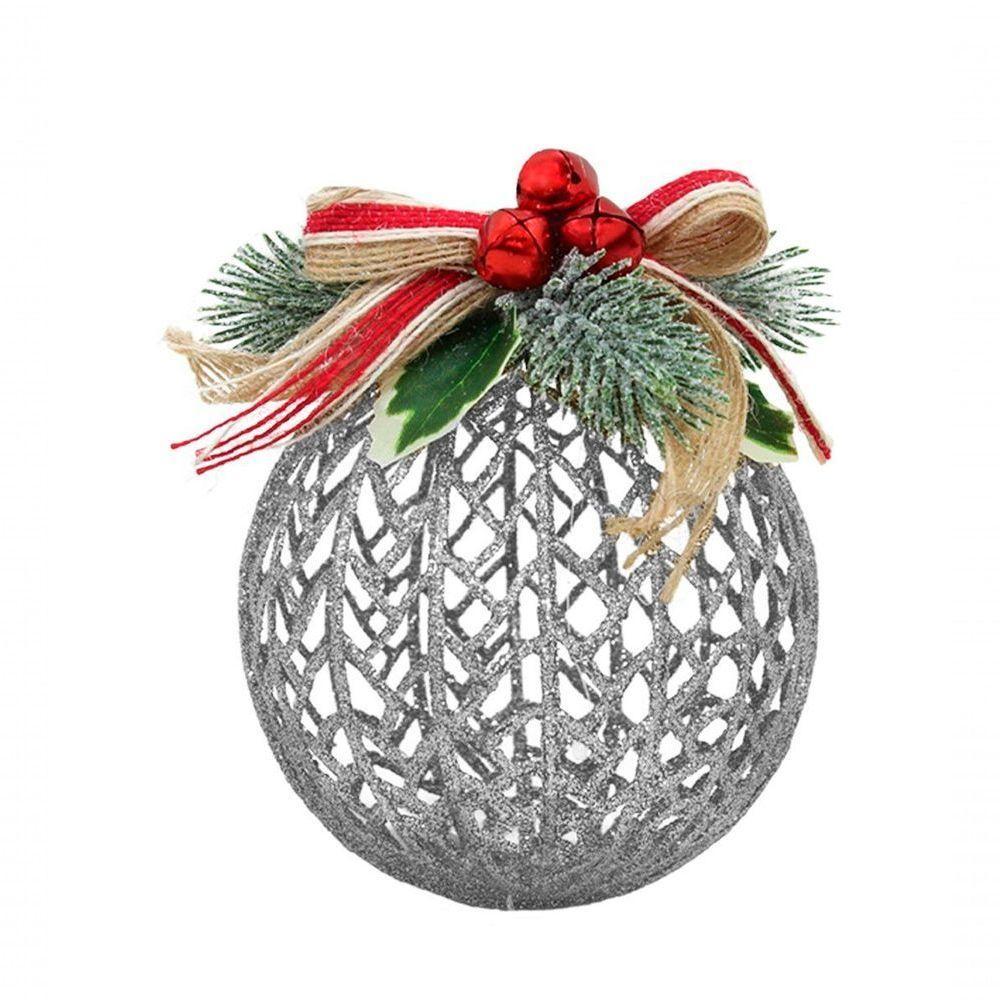Kit Conjunto 9 Peças Decoração Enfeite Bola árvore Natal Prata Glitter Natalina 12,5cm - 1