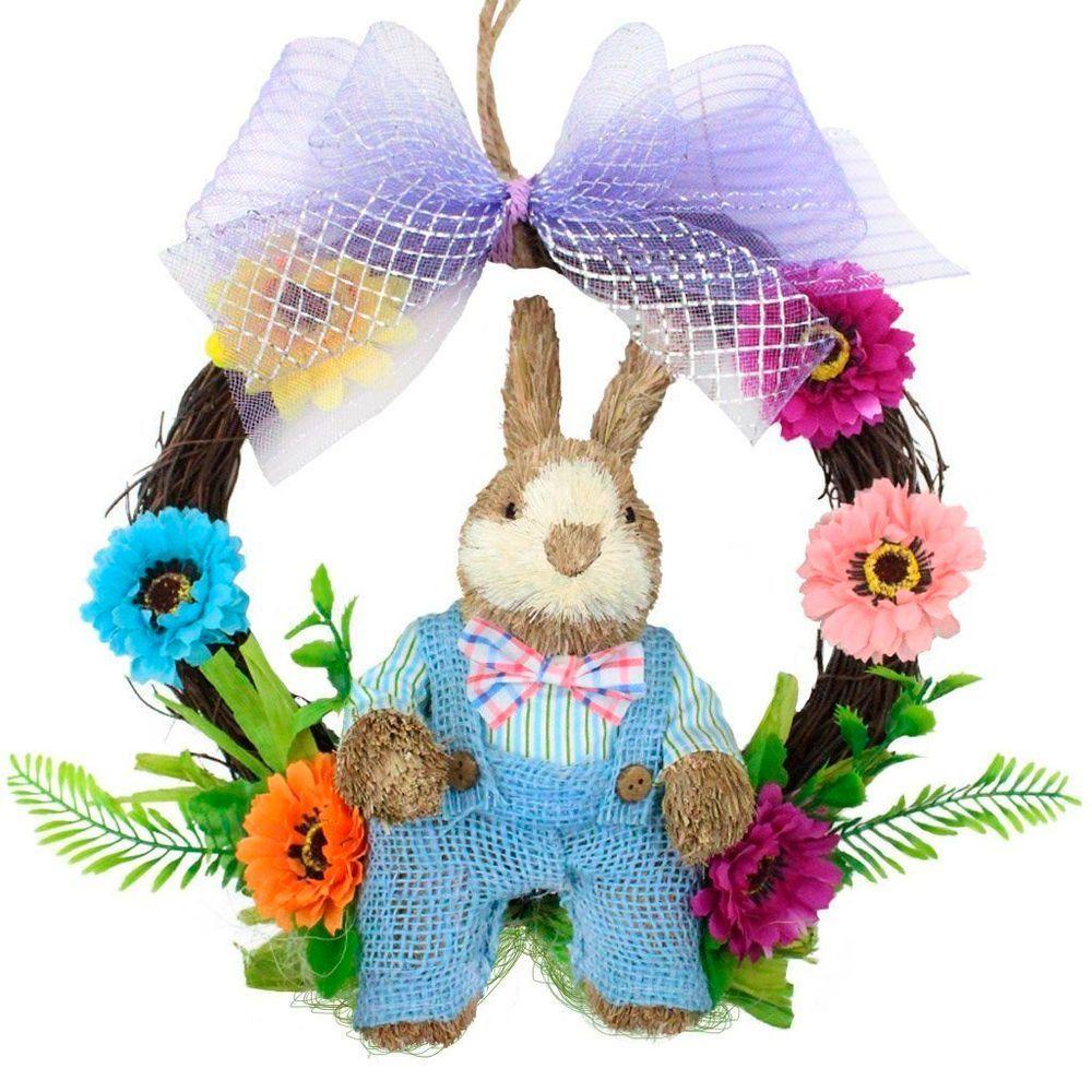 Guirlanda Artesanal Enfeite Páscoa Coelhinho Palha Florida 25cm - 1