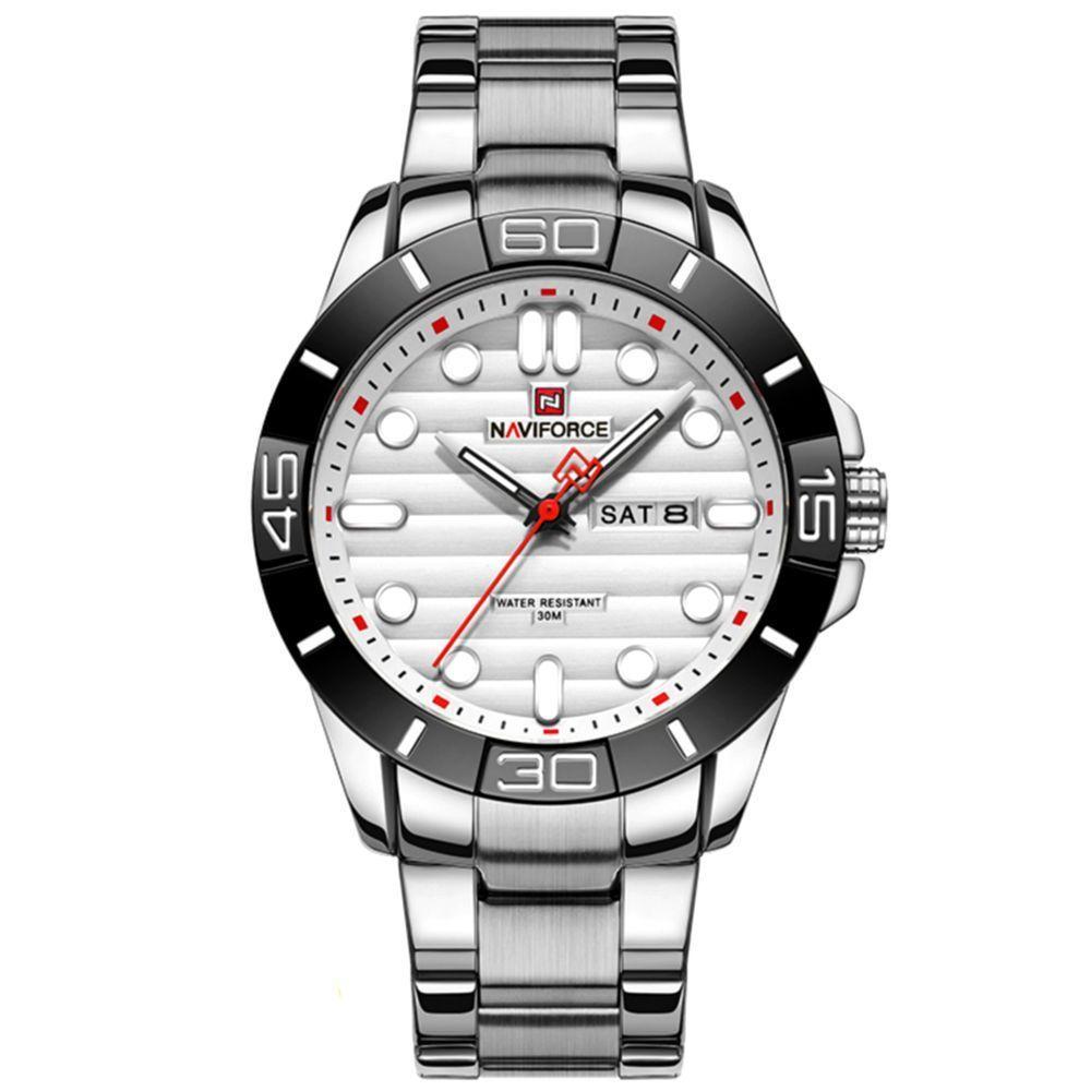 Relógio De Pulso Masculino De Quartzo Design Casual Em Aço Inoxidável Impermeavel Branco - 1