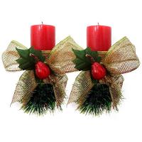 Kit 2 Velas Vermelhas Decorativas Para Natal Com Laço Dourado E Fruta - 1