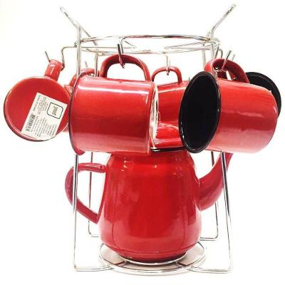 Jogo Bule E Mini Canecas Esmaltado Com Suporte Cromado 8 Pç