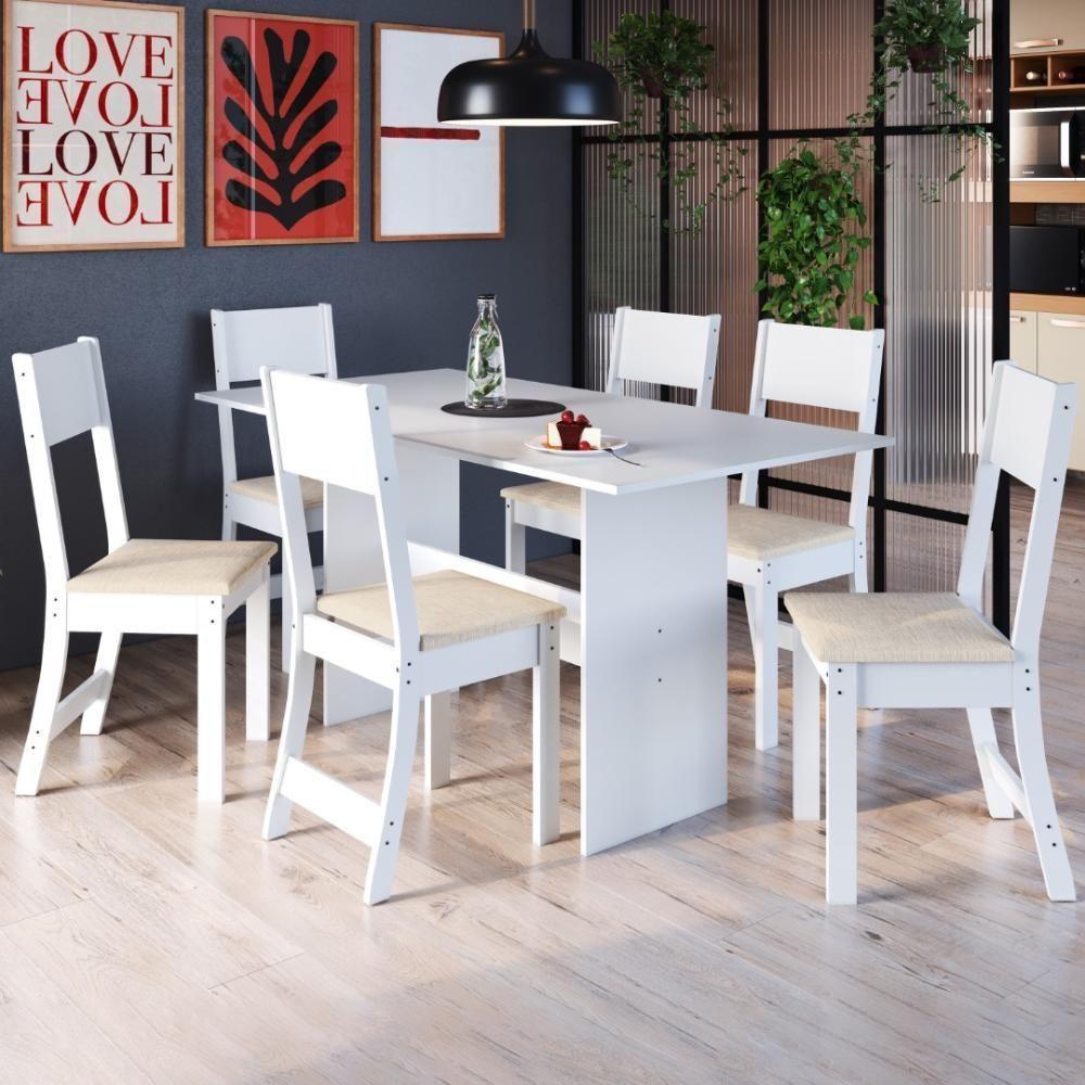 Conjunto Sala De Jantar Fidelitá Siena Com 6 Cadeiras Branco Assento Linho - 1