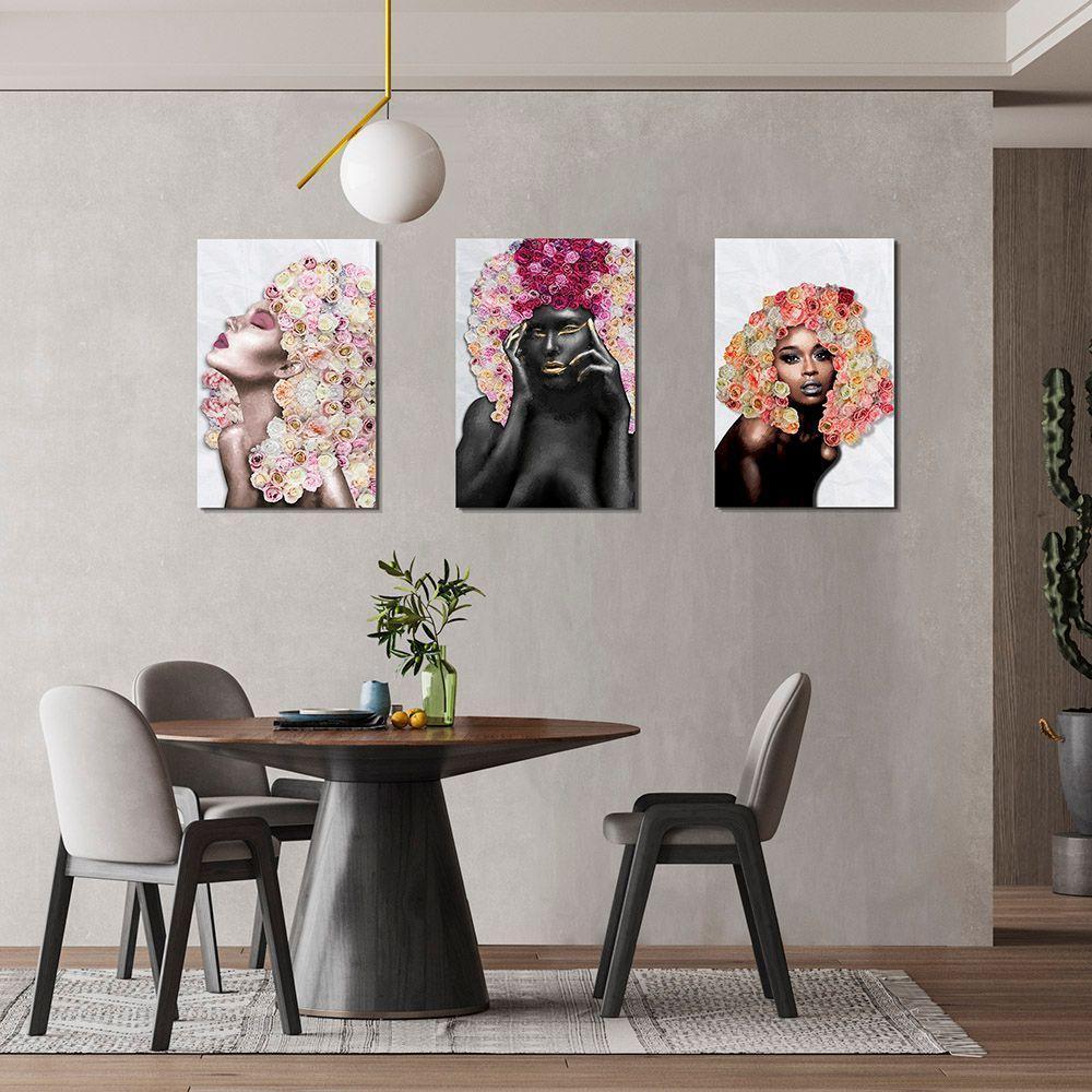 Placas Quadros Mdf 20x30cm Mulheres Rosto Flores Rosas Kit 3 - 5