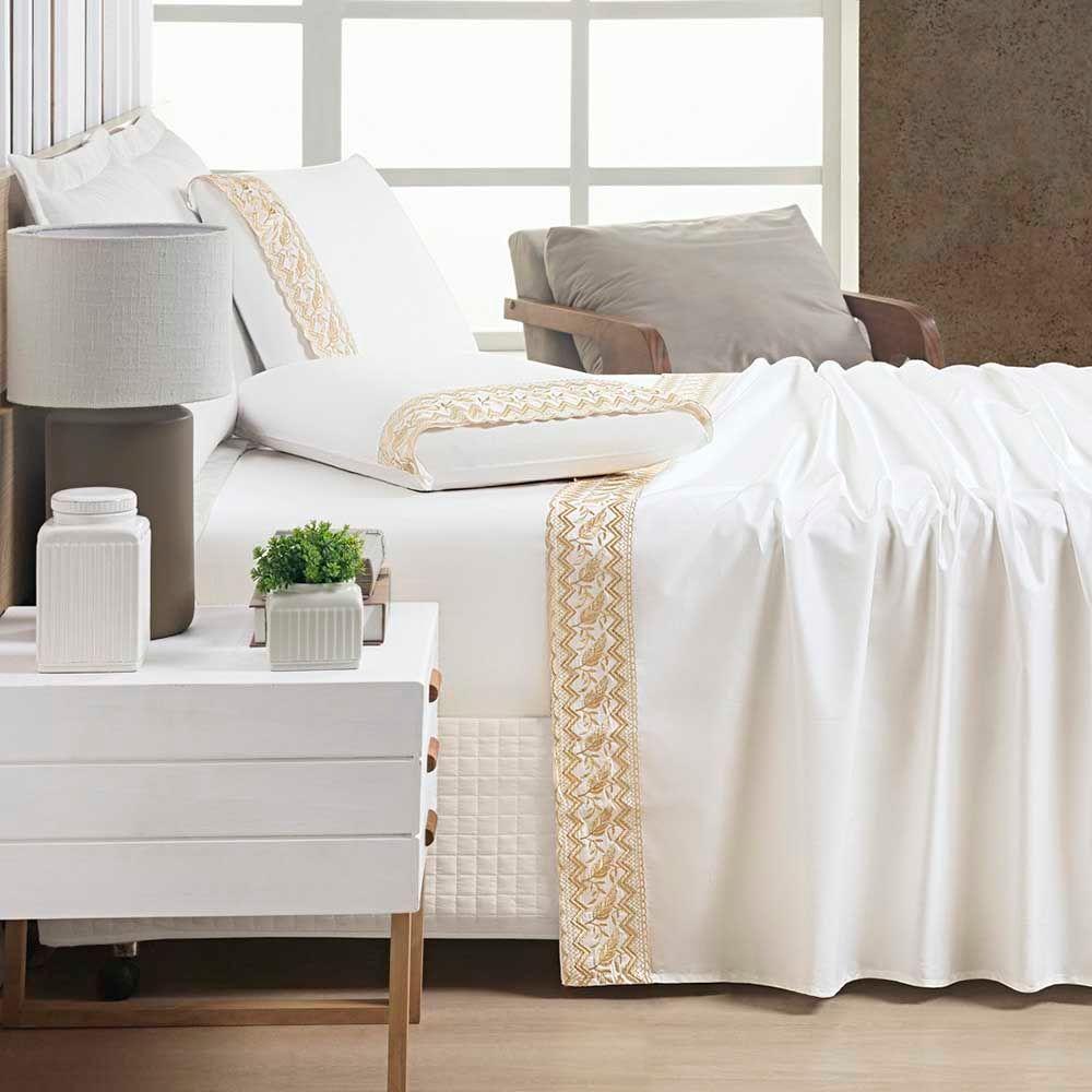 Jogo De Lençol Casal Padrão 4 Peças Percal 400 Fios 100% Algodão Fio Egípico Acetinado - Off White - 1