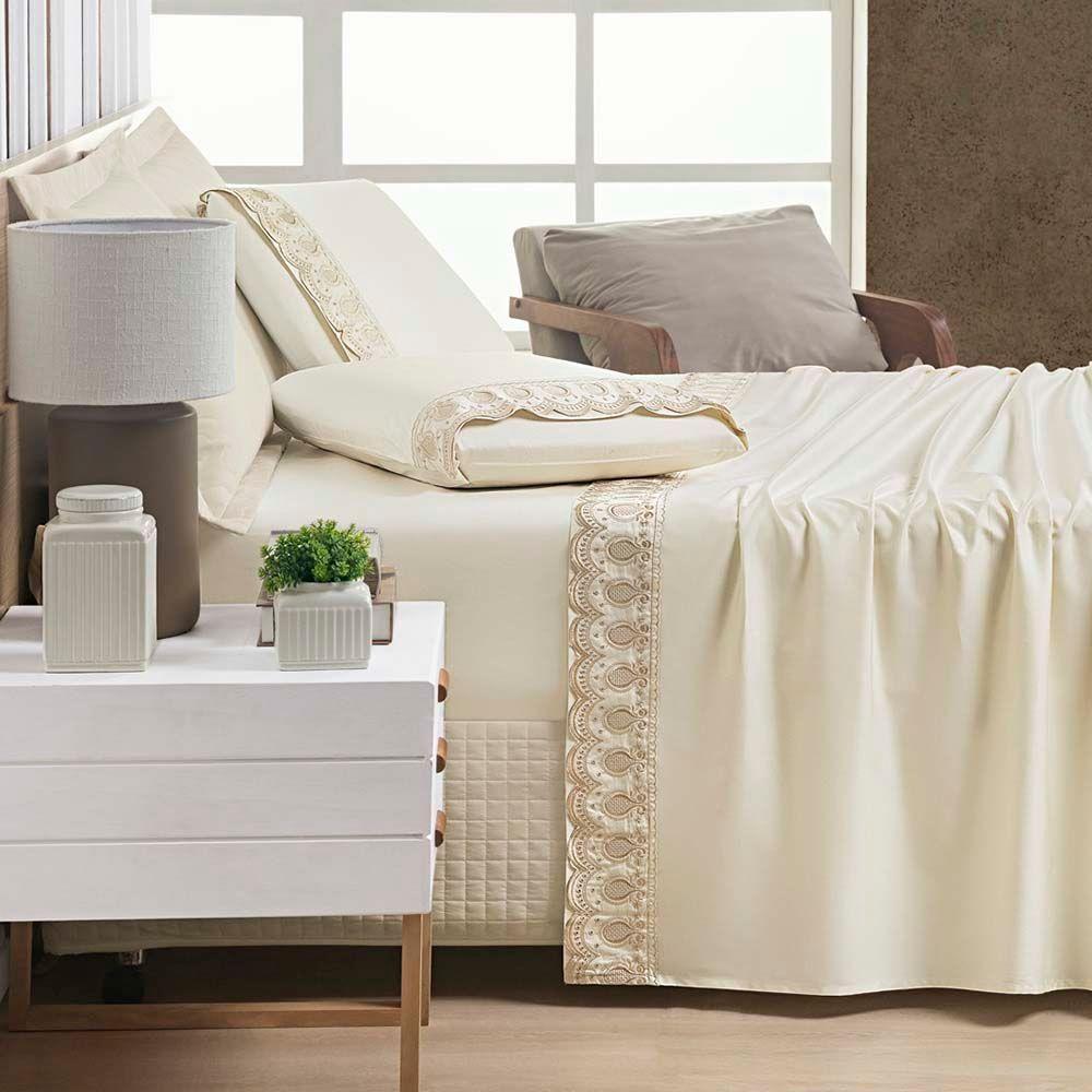 Jogo De Lençol Casal Queen 4 Peças Percal 400 Fios 100% Algodão Fio Egípico Acetinado - Vanilla - 1