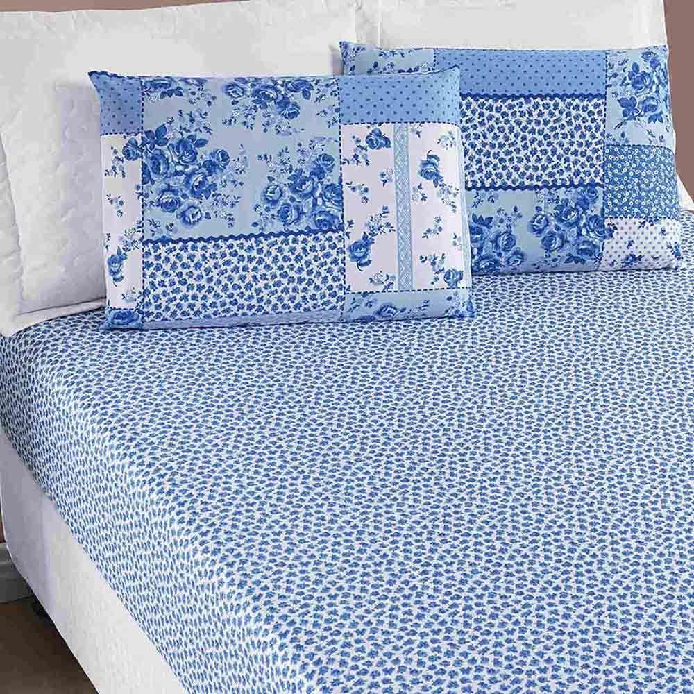 Jogo De Lençol Ayla Casal Padrão 3 Peças Microfibra Estampada Floral - Azul Sereno - 1