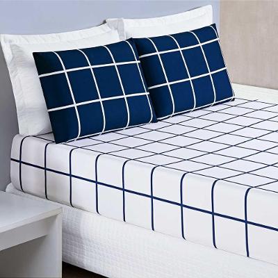 Jogo De Lençol Minimalista Casal Queen 3 Peças Percal 200 Fios Quadriculado - Azul Marinho