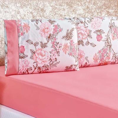 Jogo De Lençol Real Casal Padrão 3 Peças 200 Fios Ponto Palito Estampado Rosa Serene Floral