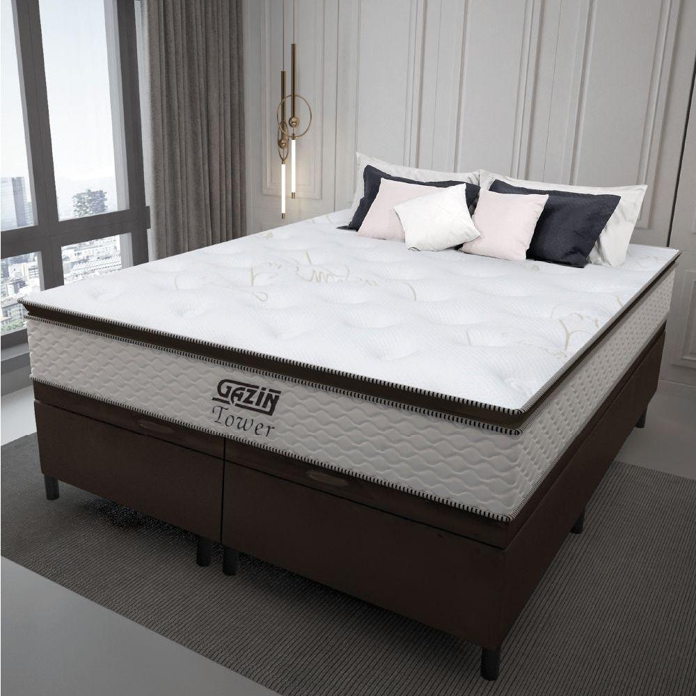 Cama Box Baú Queen Colchão Molas Pocket Ensacadas Tower 158x198x75cm Branco / Marrom Gazin - 3