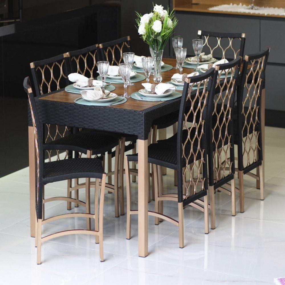 Jogo 8 Cadeiras Corda Náutica E Mesa Com Tampo Trama Preto - 2