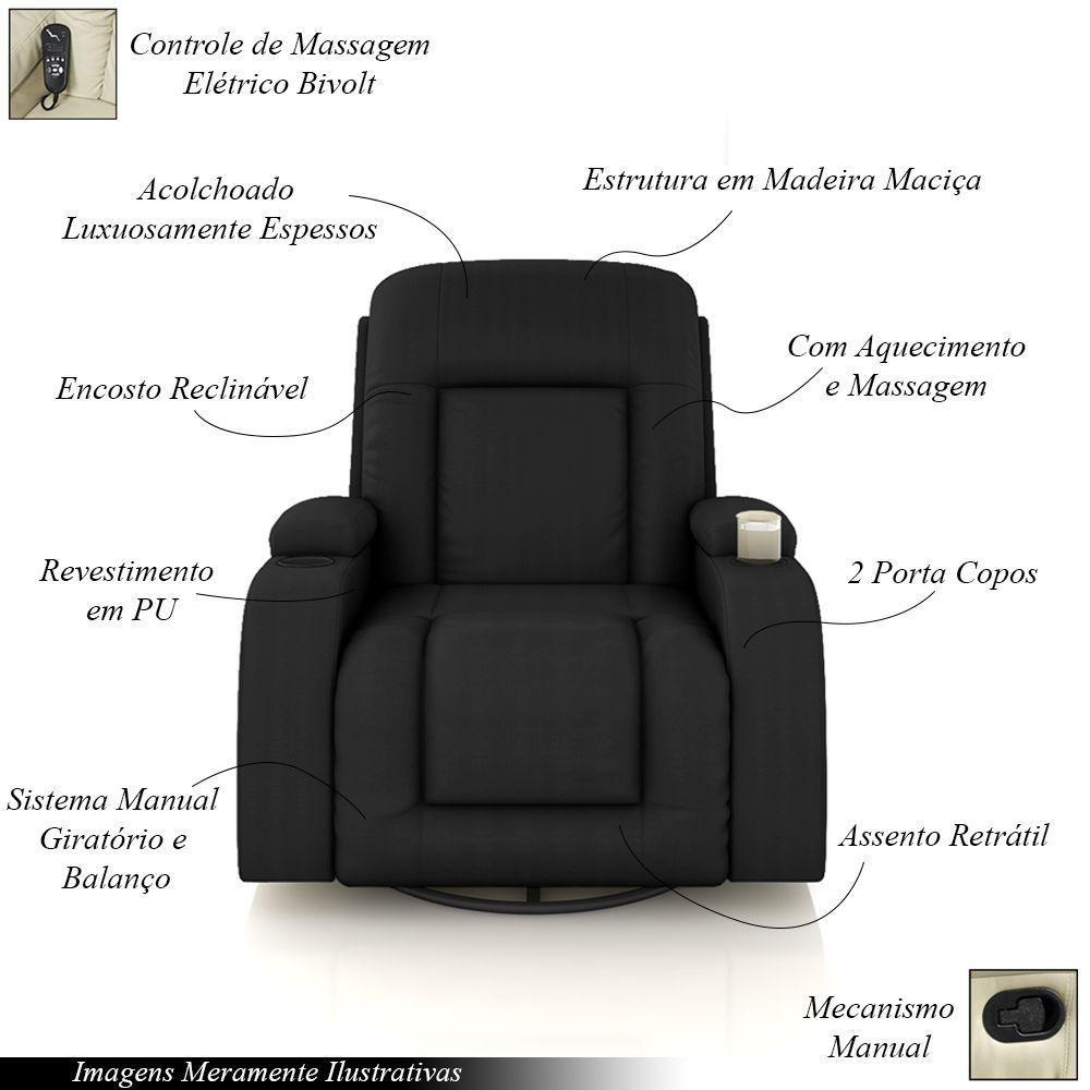 Poltrona Do Papai Reclinável Massagem E Aquecimento Balanço 2 Porta Copos Mark Pu Preto G31 - 7
