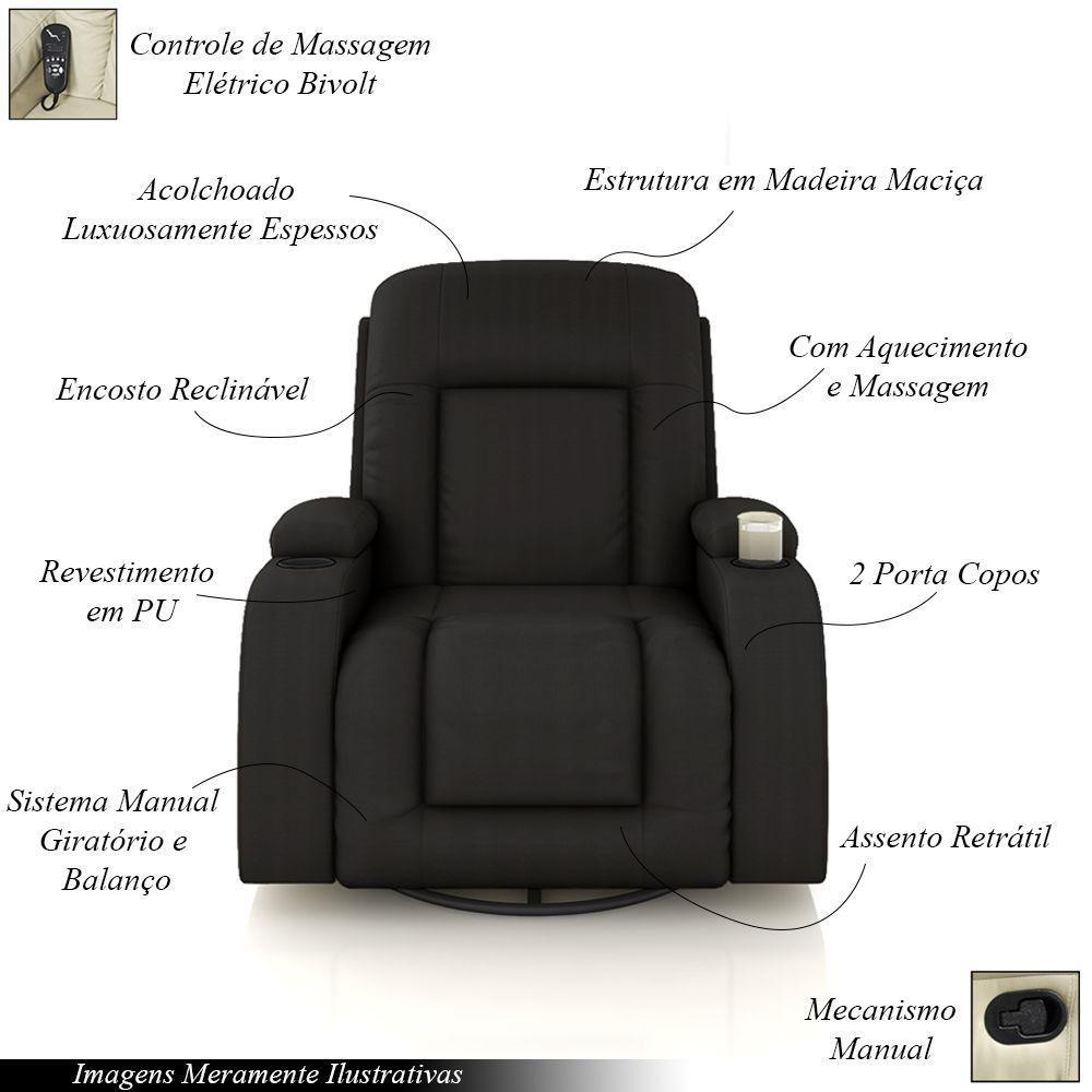 Poltrona Do Papai Reclinável Massagem E Aquecimento Balanço 2 Porta Copos Mark Pu Marrom G31 - 2