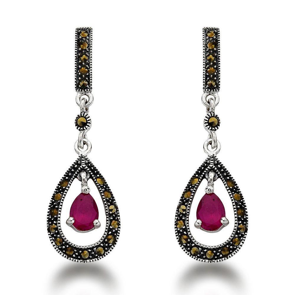 Brinco Médio Com Gota De Pedra Natural Prata 925 Rubi Indiano - 1
