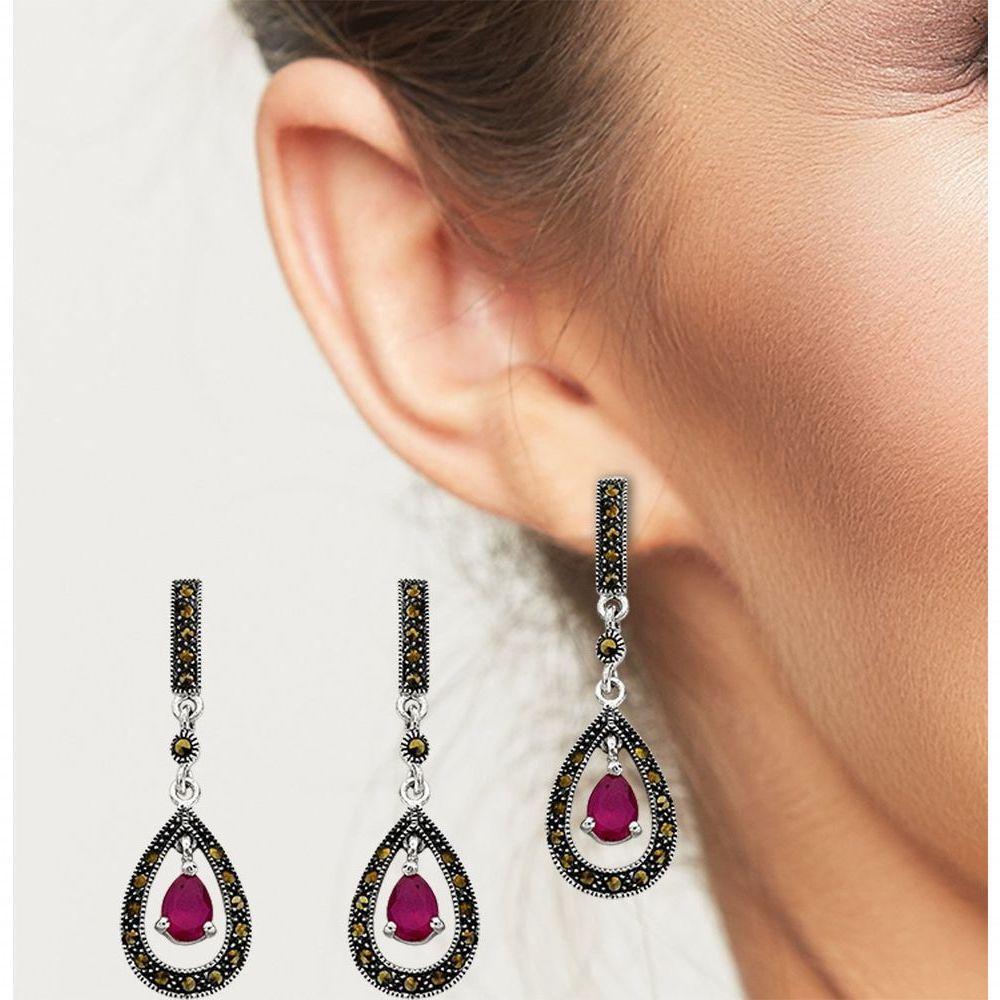 Brinco Médio Com Gota De Pedra Natural Prata 925 Rubi Indiano - 2