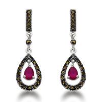 Brinco Médio Com Gota De Pedra Natural Prata 925 Rubi Indiano - 1