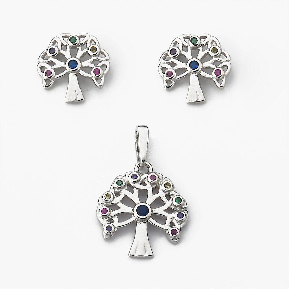 Conjunto Brinco E Pingente Arvore Da Vida Com Zircônias Prata 925 - 1