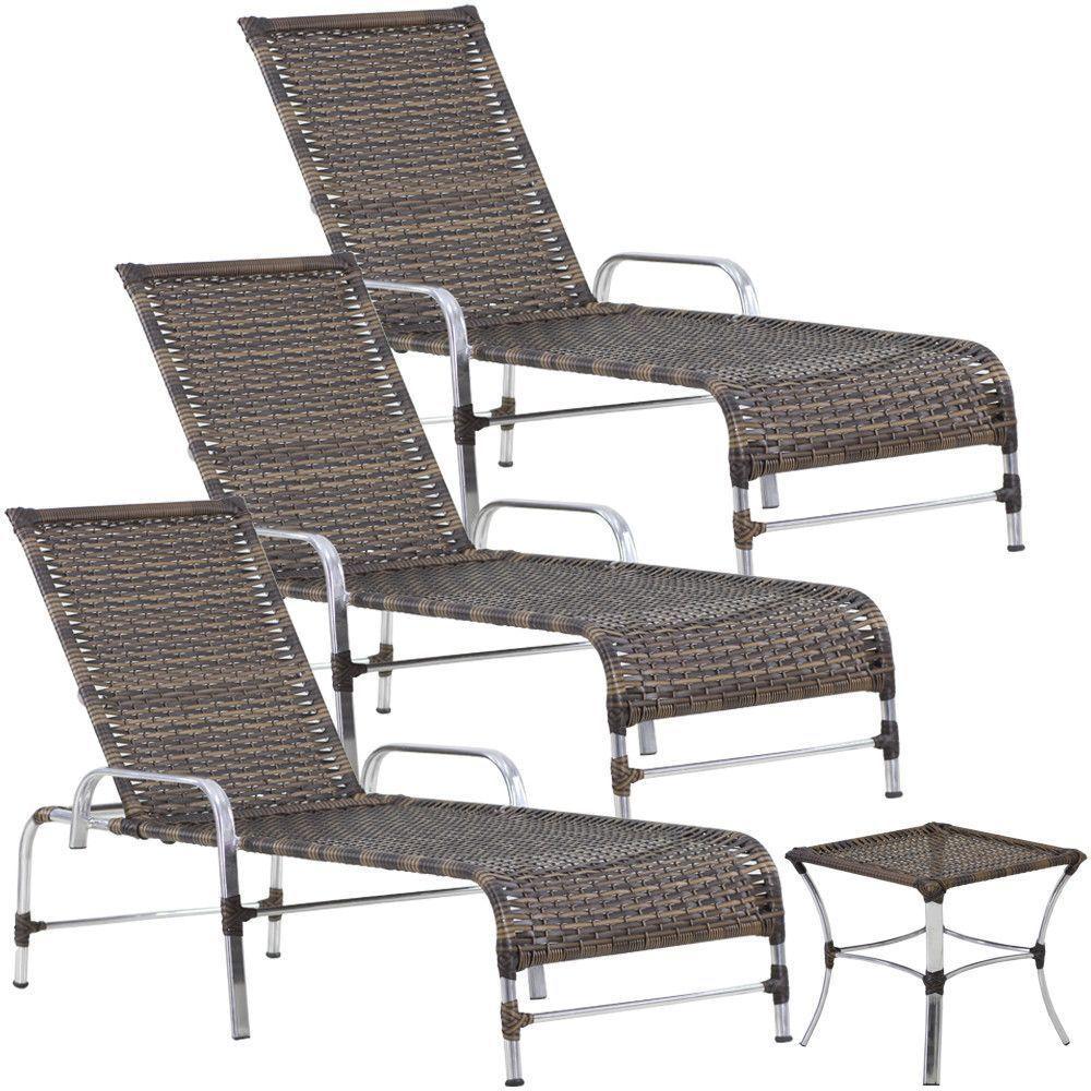 3 Espreguiçadeiras Catar Com Mesa Garden Para Piscina Trama Argila - 1