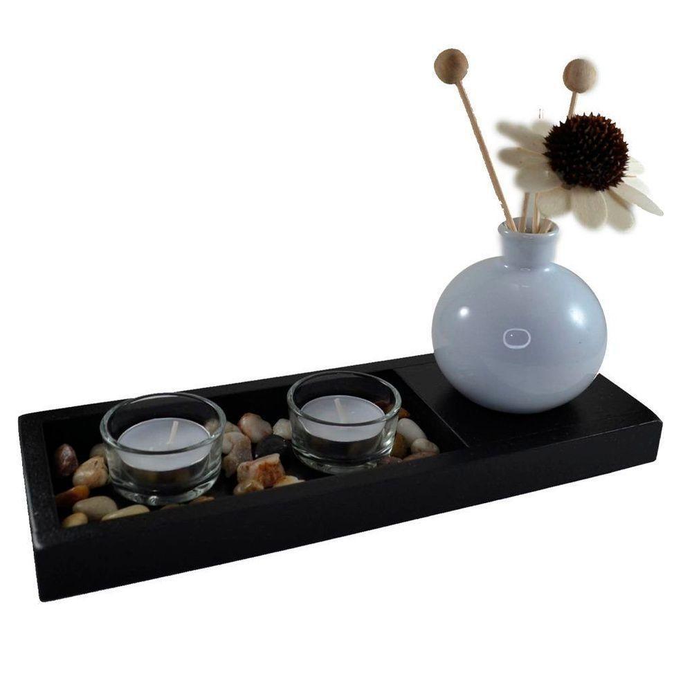 Conjunto Bandeja Com Difusor Porta Velas Jardim Zen Madeira 12cm - 1