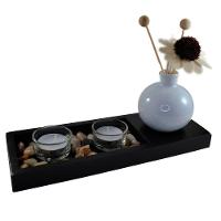 Conjunto Bandeja Com Difusor Porta Velas Jardim Zen Madeira 12cm - 1
