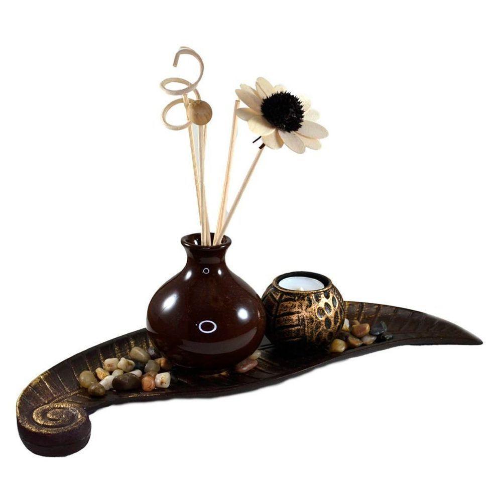 Conjunto Bandeja Flor Com Difusor Porta Velas Jardim Zen Resina 35cm - 1