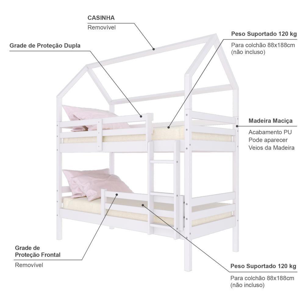 Beliche Casinha Solteiro Slim Rb Com Grade De Proteção Madeira Maciça Branco Housin - 3