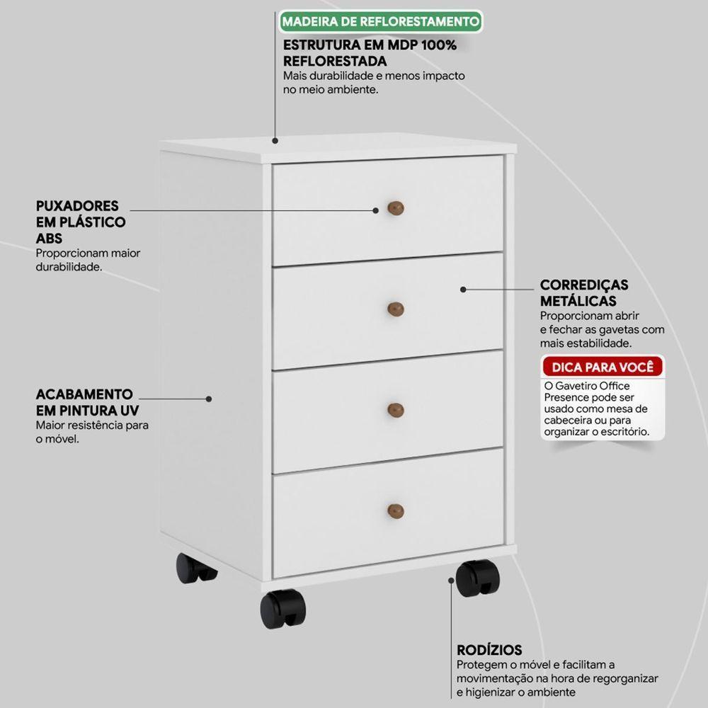 Gaveteiro Para Escritório Piece 4 Gavetas Branco - 7