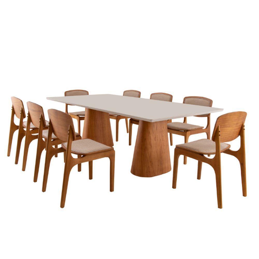 Conjunto Mesa Noronha Com Vidro E 8 Cadeiras Malta Moderna Linho Palha Off White Imbuia - 2
