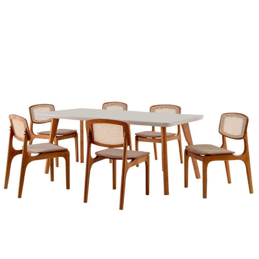 Conjunto Mesa Malta 160cm 6 Cadeiras Malta Premium Moderna Linho Palha Off White Imbuia - 2