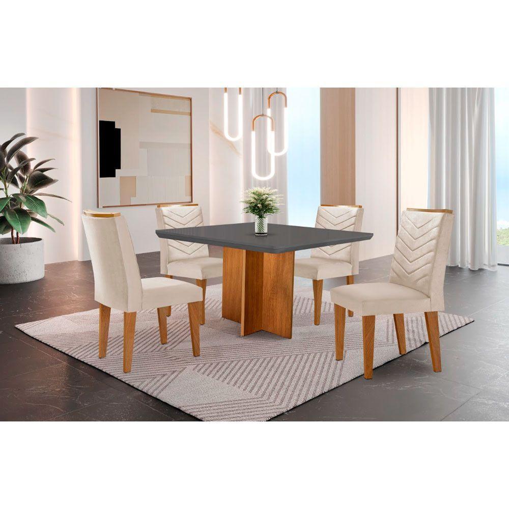 Conjunto Mesa Olímpia 90cm Tampo Em Mdf 4cad Liz Moderna Veludo Creme/grafite/imbuia - 1