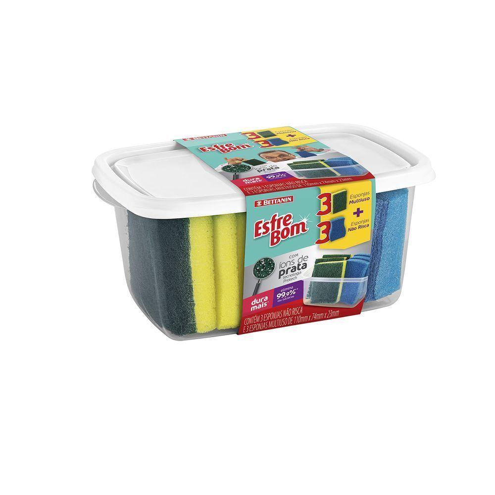 Pack De Esponjas Abrasivas Com Pote Branco Esfrebom 6un - Bettanin - 1