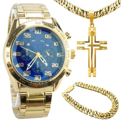 Relogio Masculino Aço Banhado + Cordão Grosso + Pulseira