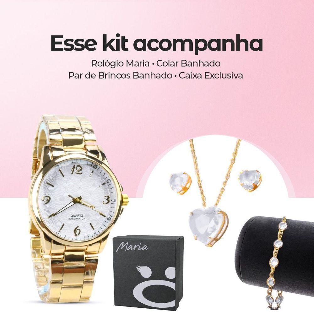 Relogio Feminino Dourado + Pulseira Caixa + Colar Aço Strass - 3