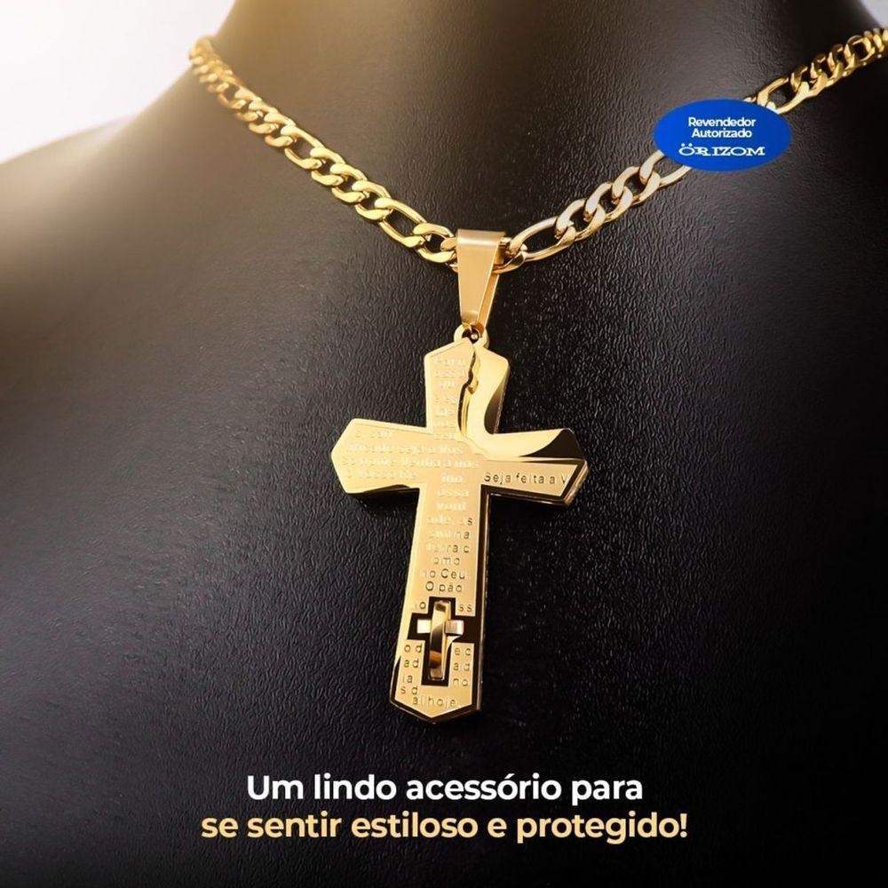 Cordão Aço Banhado Ouro + Pingente Cruz Pai Nosso + Pulseira - 2
