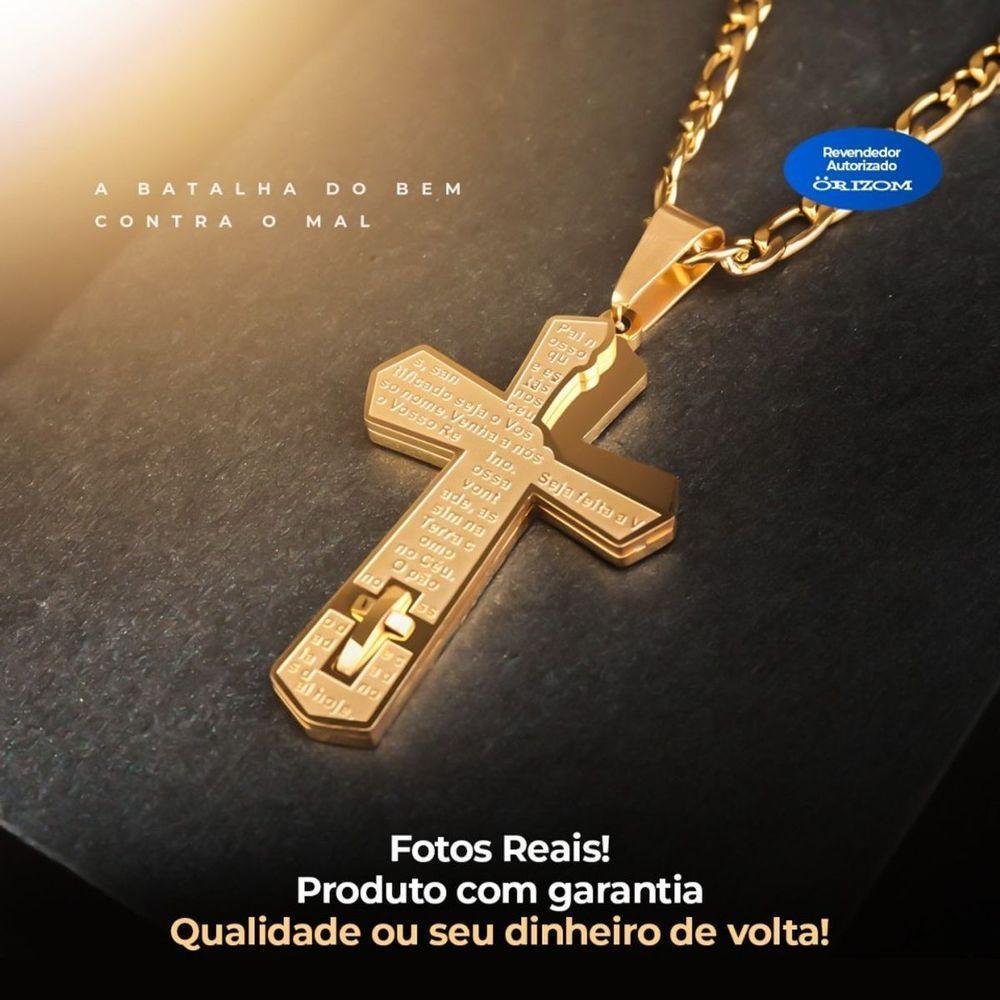 Cordão Aço Banhado Ouro + Pingente Cruz Pai Nosso + Pulseira - 3