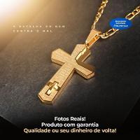 Cordão Aço Banhado Ouro + Pingente Cruz Pai Nosso + Pulseira - 3