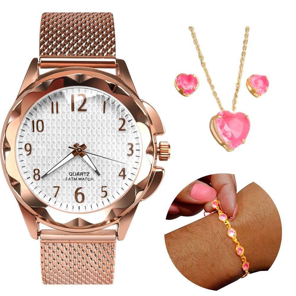 Colar + Relogio Feminino Dourado Prova Dagua Banhado + Pulseira + Caixa Zirconia Moda Coração Social - 3