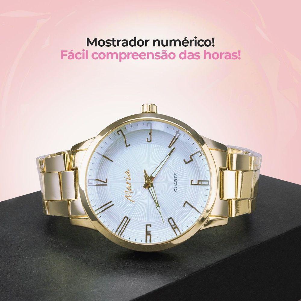 Relogio Feminino Dourado Inox Banhado Aço + Caixa Original Ouro Analogico Presente - 4
