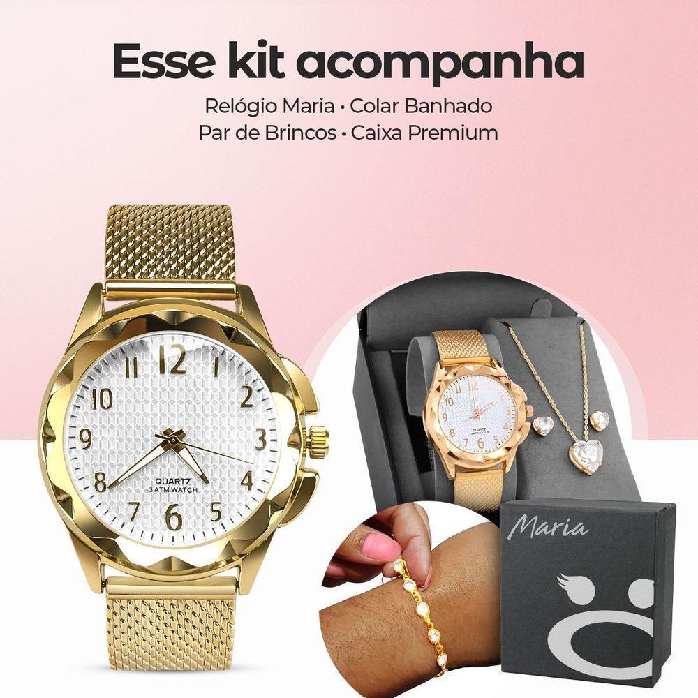 Relogio Feminino Prova Dagua Pulseira Colar Dourado + Pulseira Presente Qualidade Premium Coração - 2